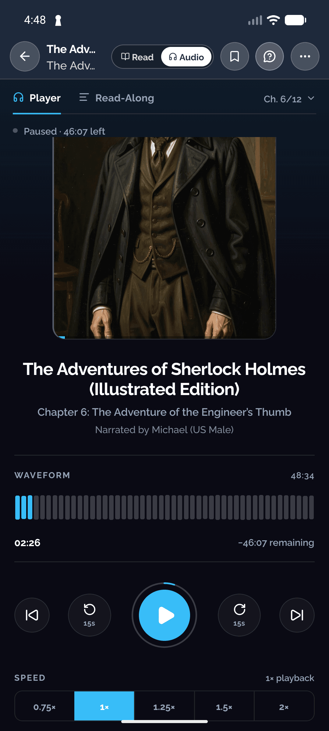 The audiobook player with chapter art, a waveform scrubber and speed controls