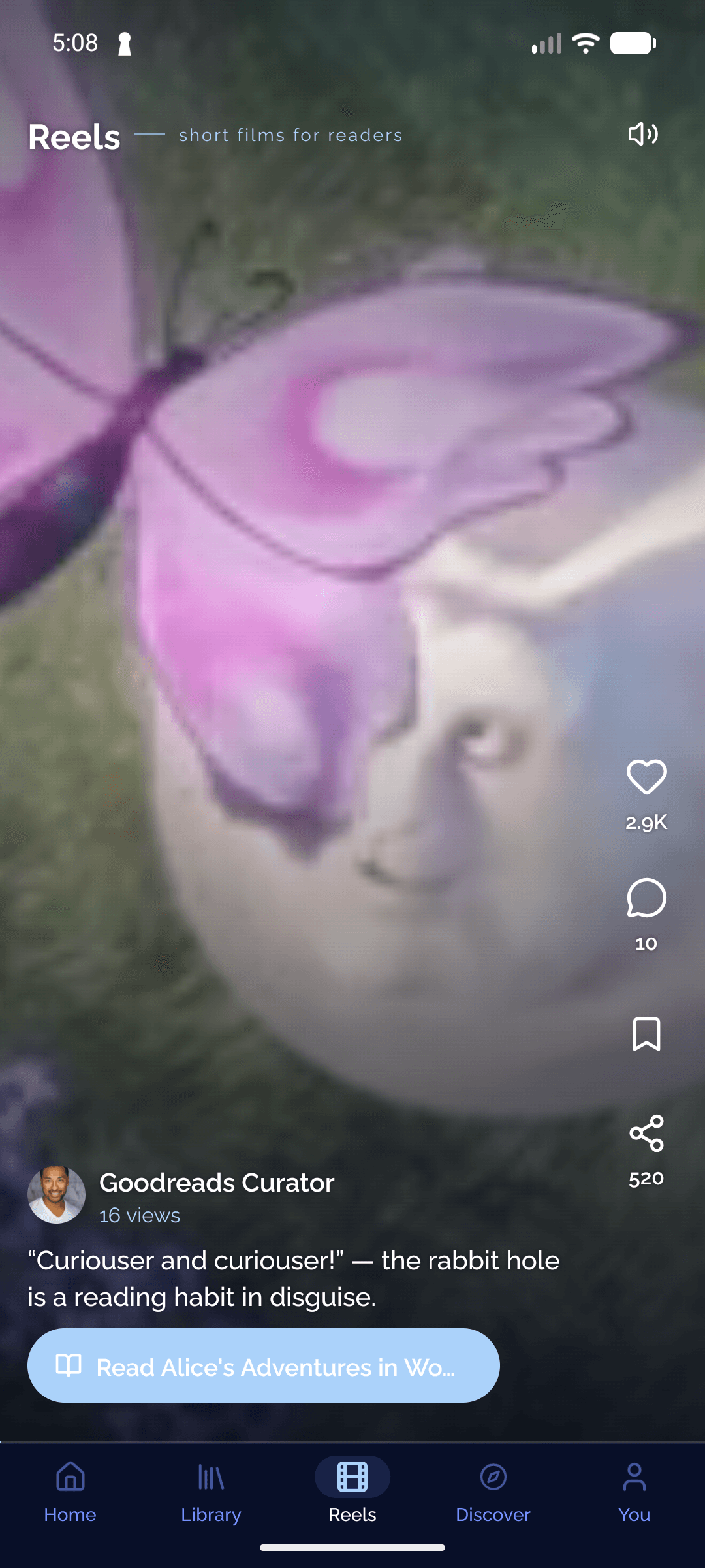 A Liiro book reel: a scene from Alice's Adventures in Wonderland with like, save and share controls and a button into the full book