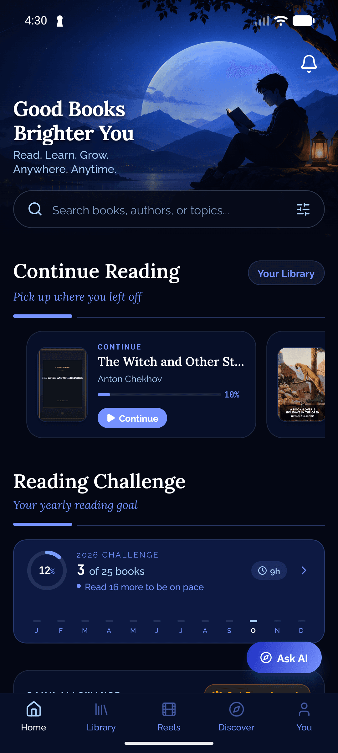 The Liiro home screen with a continue-reading shelf and a yearly reading challenge
