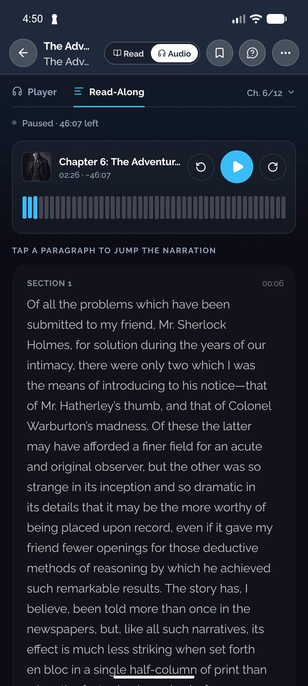 Read-along mode, with the narration tracking the text paragraph by paragraph